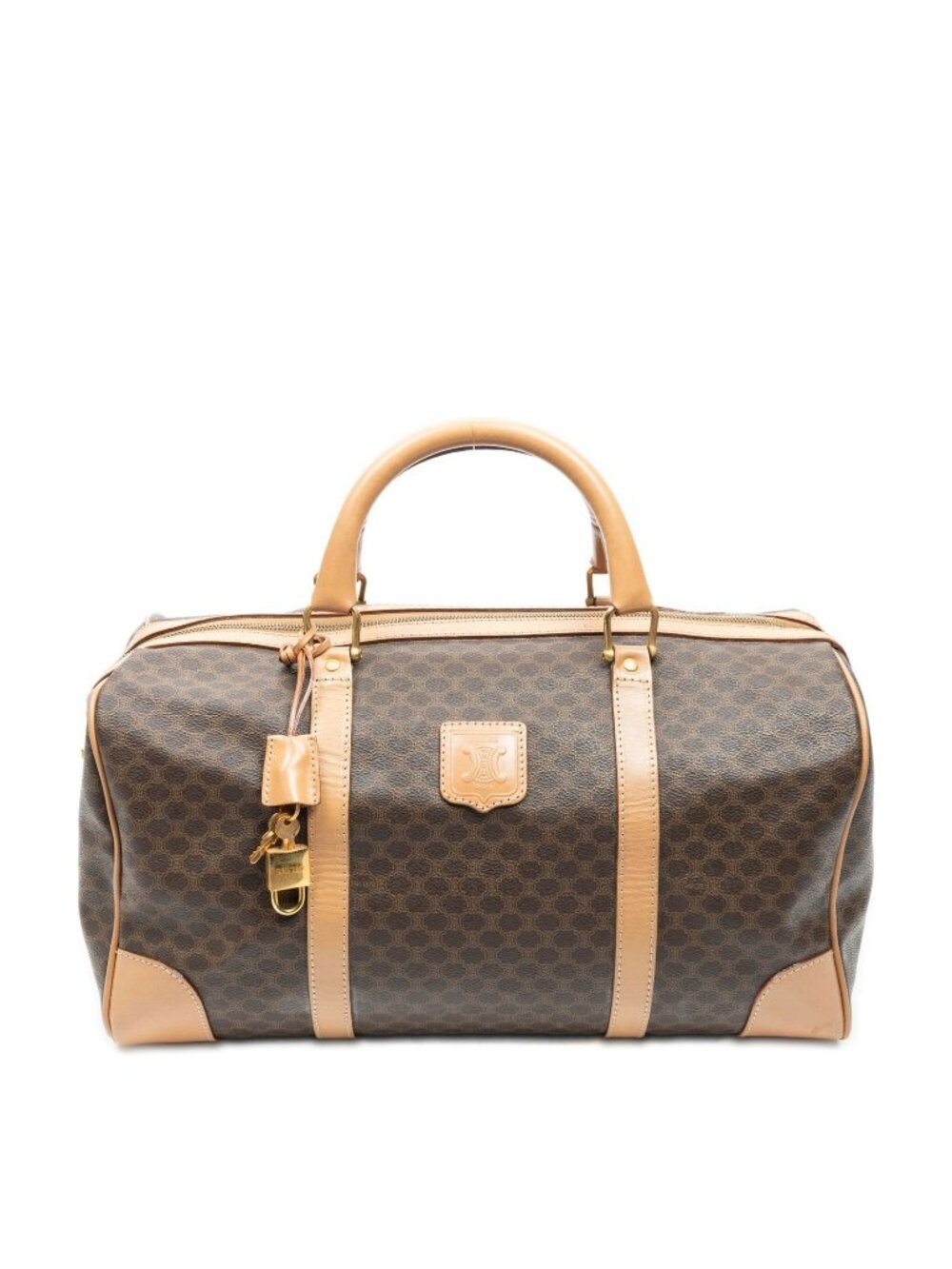 Celine Vintage Medium Travel Boston Beige Brown Macadam Canvas Handbag